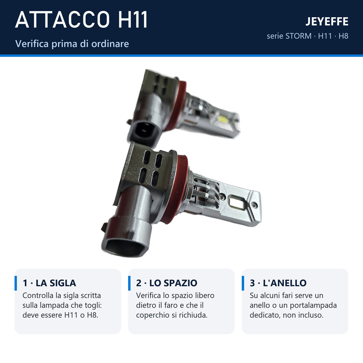 Attacco H11 e misure della lampada LED STORM