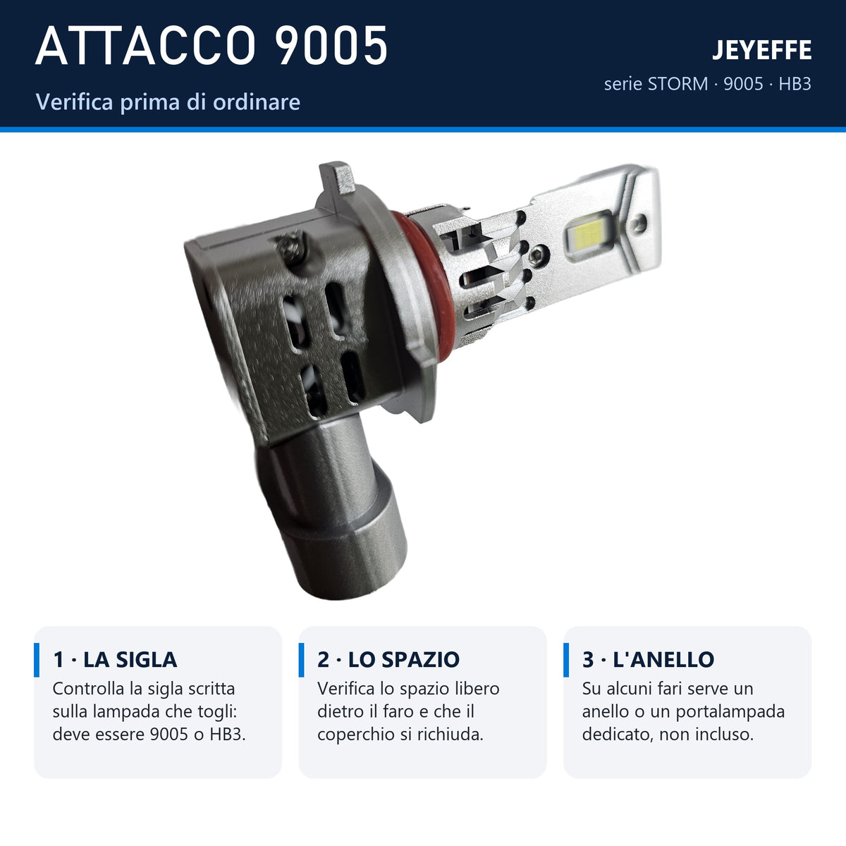 Attacco HB3 9005 e misure della lampada LED STORM