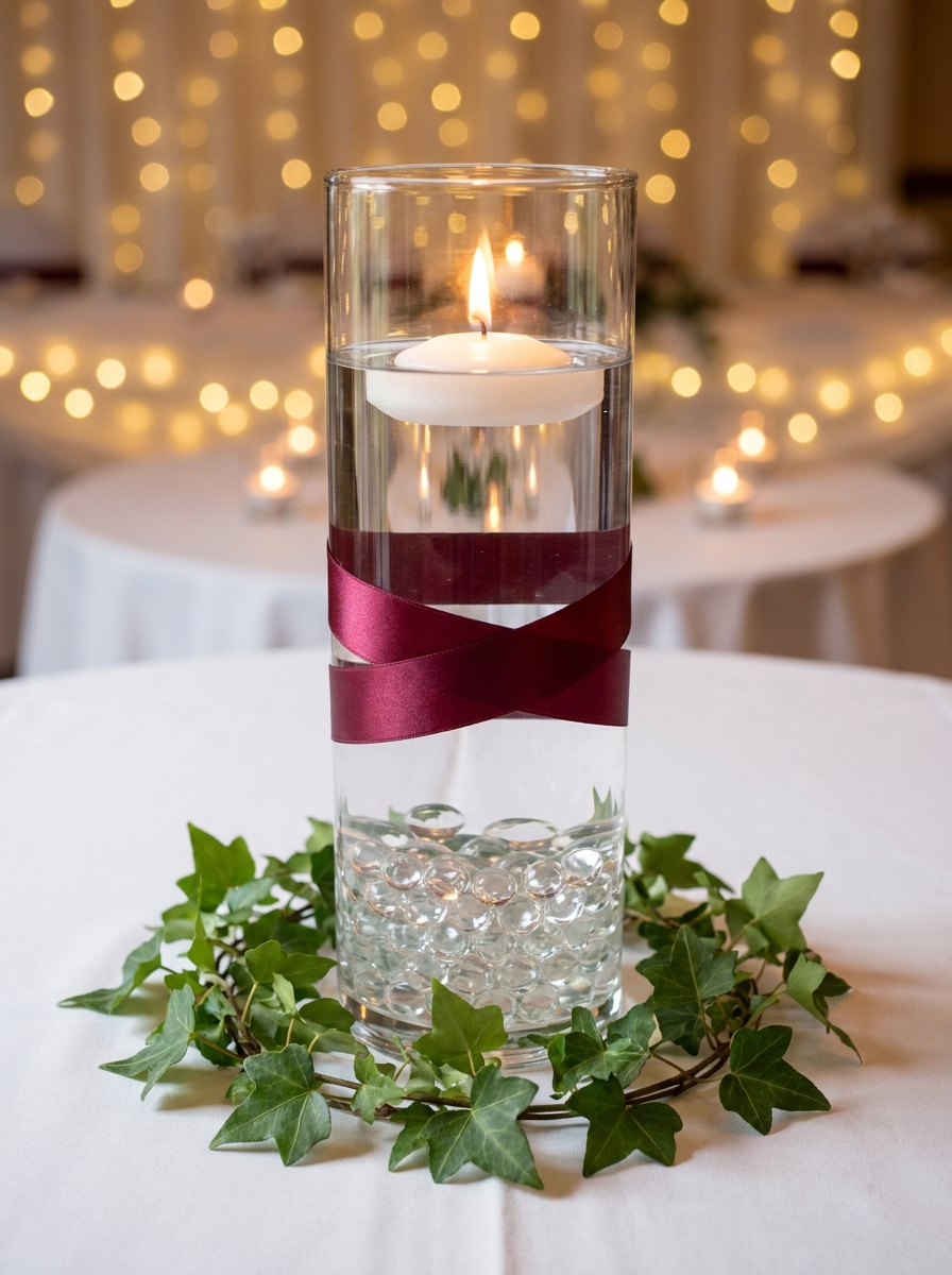 Centrotavola da matrimonio con candela galleggiante, nastro bordeaux ed edera su base di perle d'acqua trasparenti