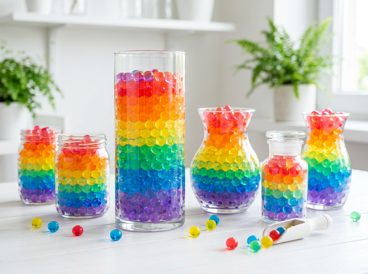 Vasi e barattoli di vetro con perle d'acqua arcobaleno a strati colorati, progetto fai-da-te