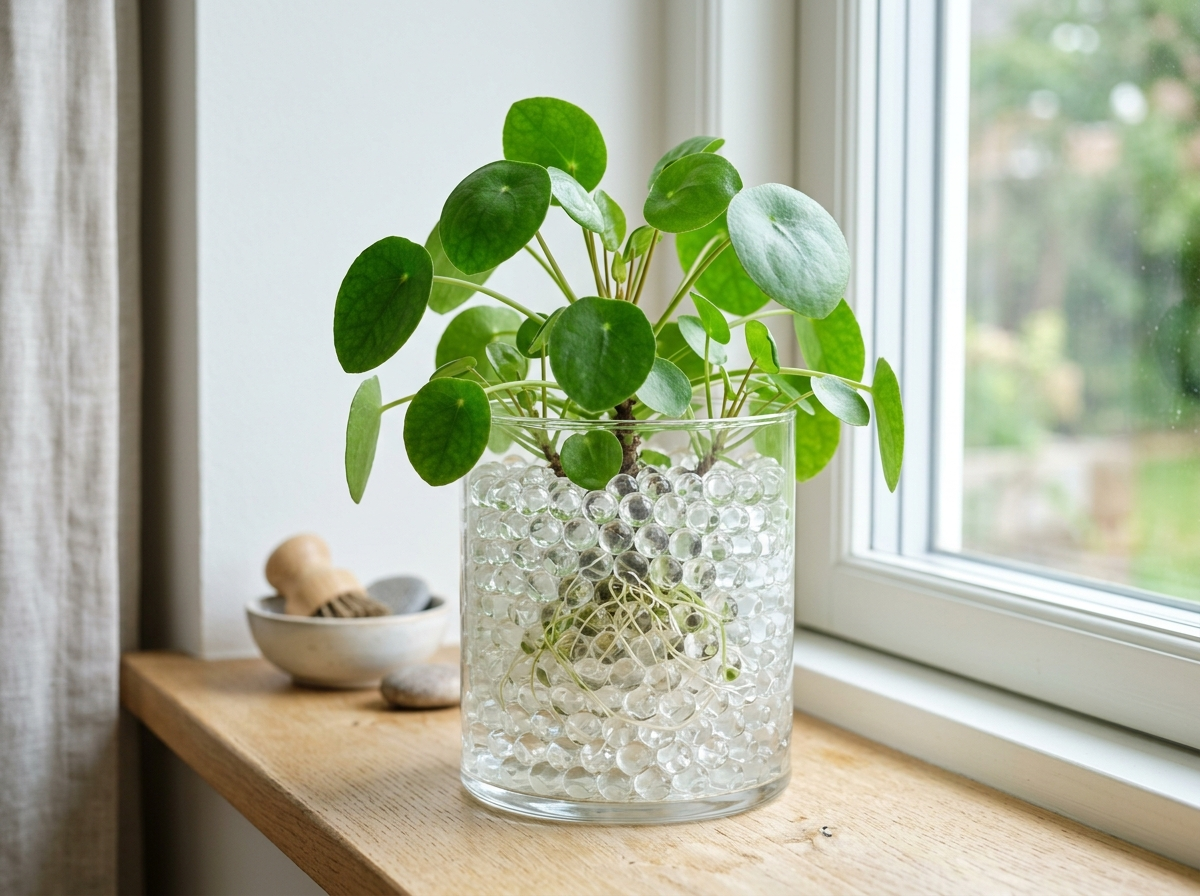 Pianta d'appartamento in un vaso di vetro riempito di perle d'acqua trasparenti al posto del terriccio, su un davanzale
